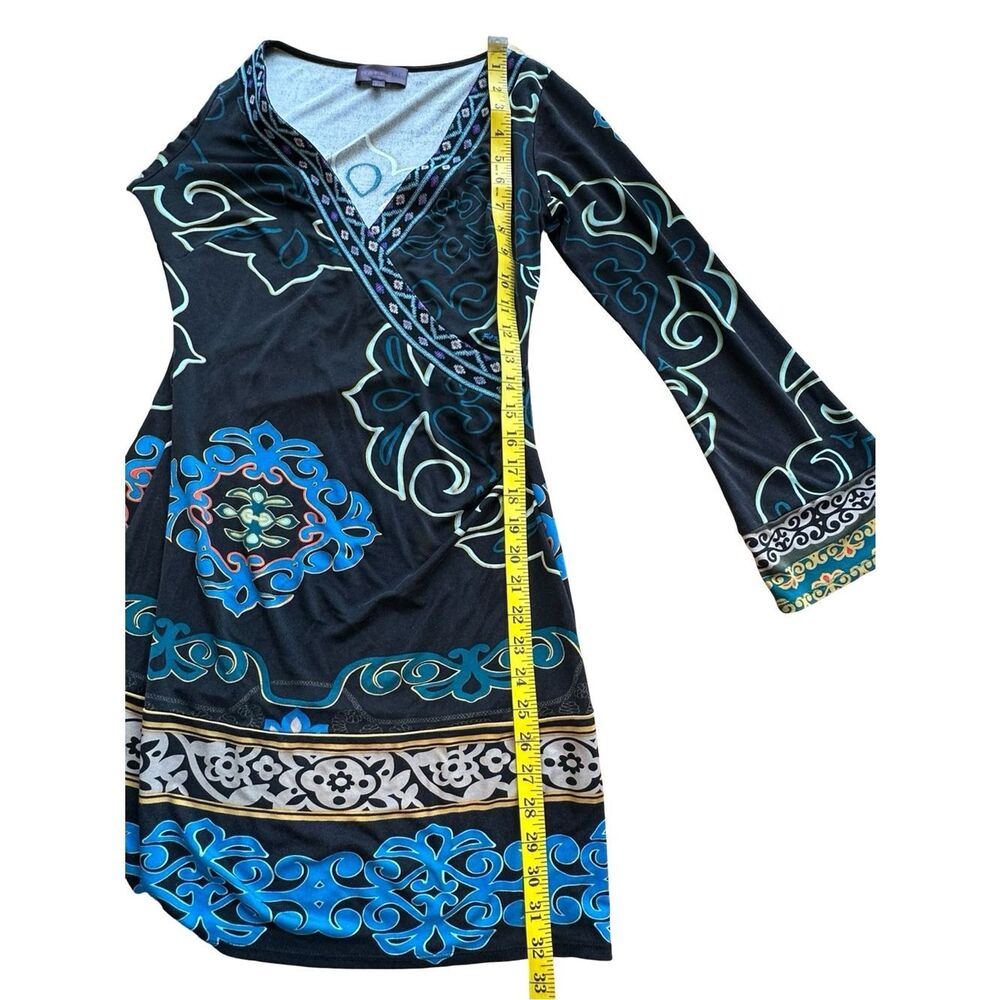 HALE BOB 100% Silk Deep V Neck Patterned Mini Dress Long Bell Sleeves Size XS - Picture 15 of 17